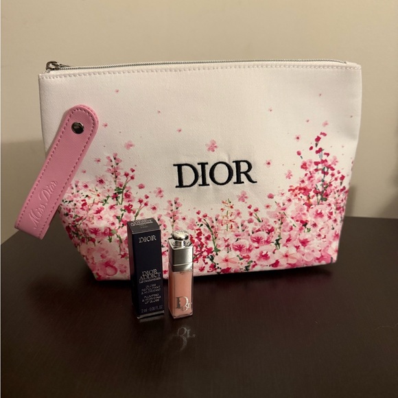 Dior Pink and White Cosmetic Bag with mini Dior lip maximizer. - Picture 1 of 9